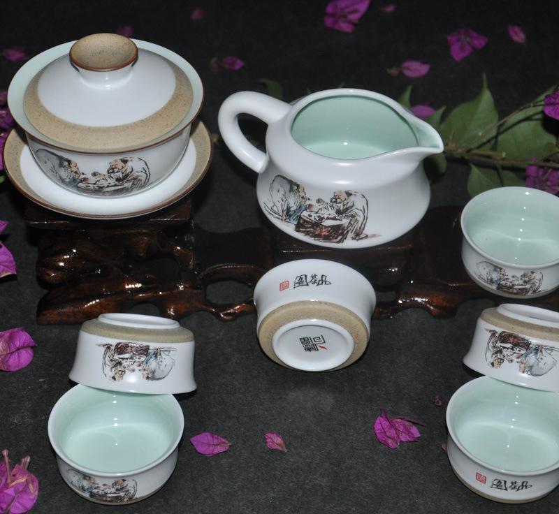 尚德福 新品 定窯玉映砂三才蓋碗品茶圖套裝 茶壺 茶海 品茗